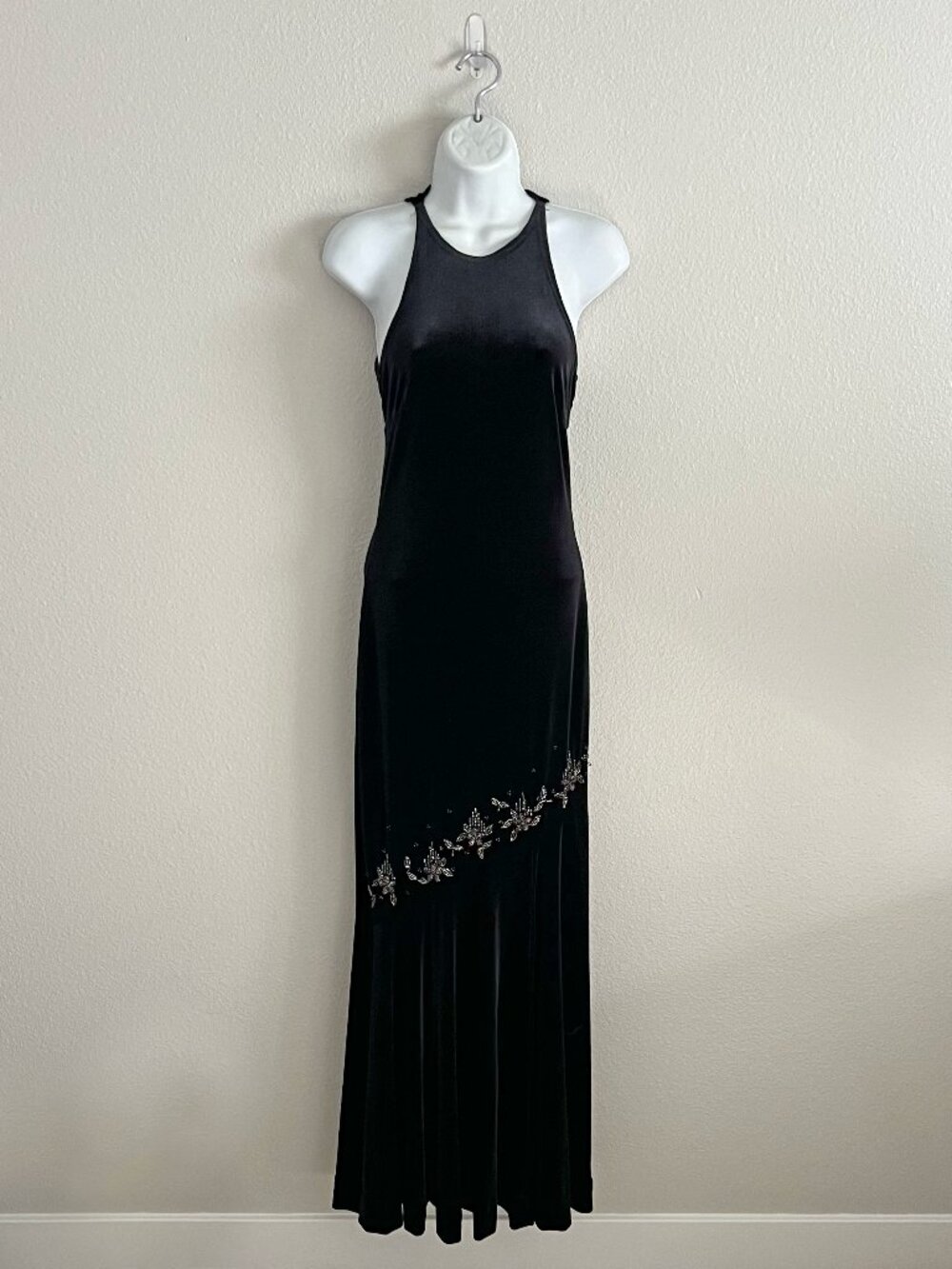 90s Black Velvet Beaded High Neck Evening Gown Scott McClintock Vintage Size XS